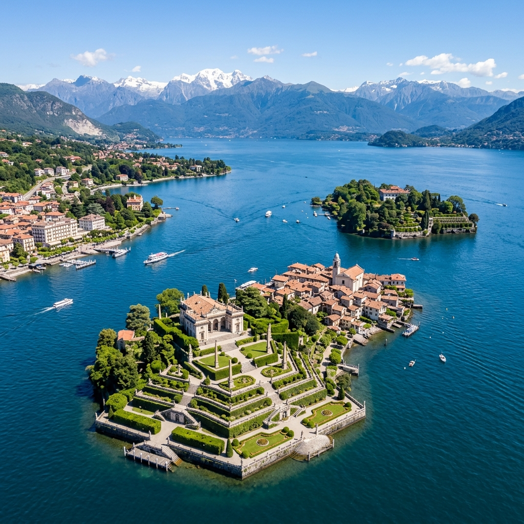 Aerial view of the Borromean Islands on Lake Maggiore with Isola Bella's baroque terraced gardens in the foreground and the Alps beyond