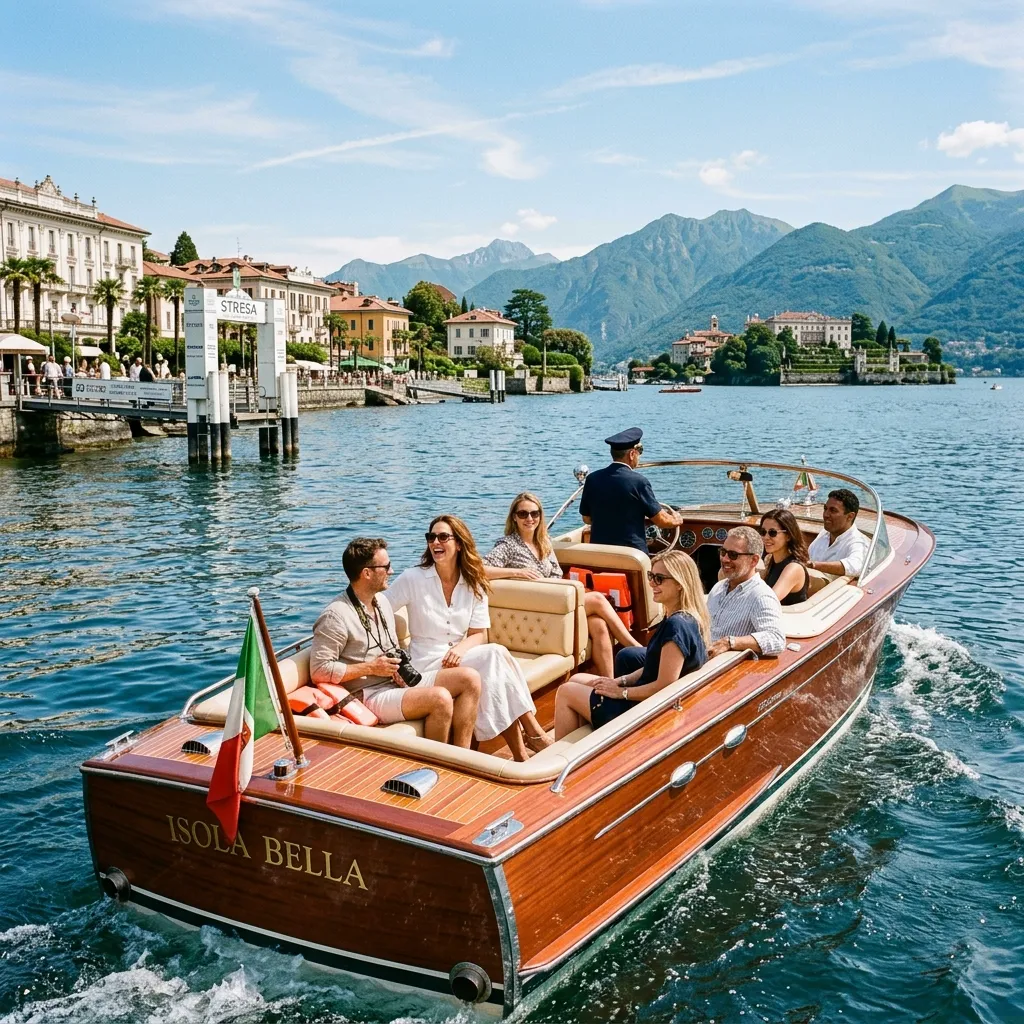 Tour boat departing Stresa pier toward the Borromean Islands on a sunny day on Lake Maggiore