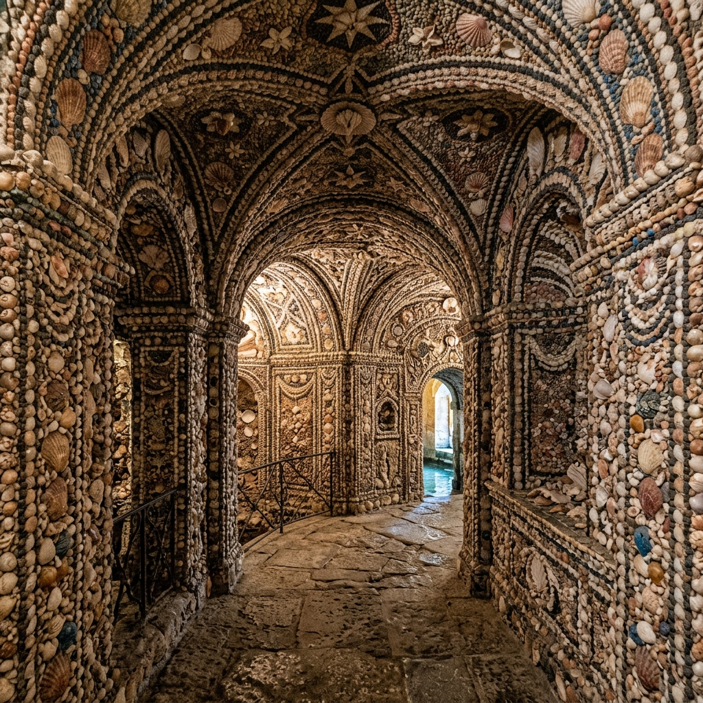 The shell-covered grottos beneath Palazzo Borromeo on Isola Bella, with intricate mosaics made from thousands of shells and stones