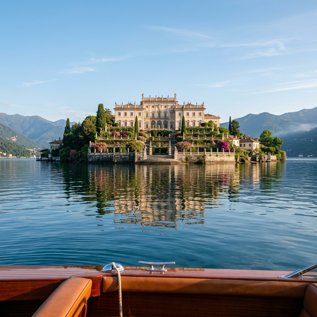 Isola Bella seen from the water with the pale baroque palace facade and flower-covered terraces reflected in calm Lake Maggiore