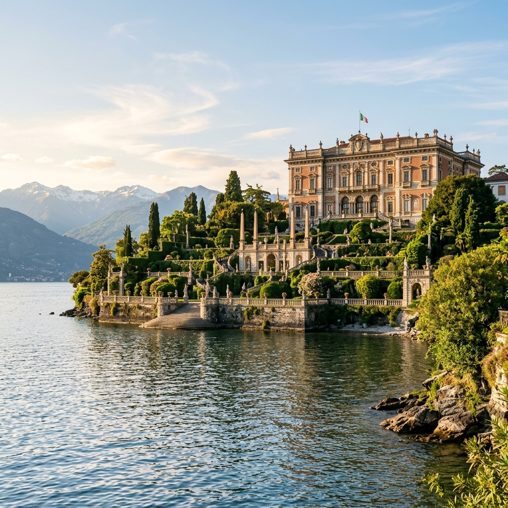 Isola Bella's baroque Palazzo Borromeo palace rising above the ten terraced Italian gardens on Lake Maggiore