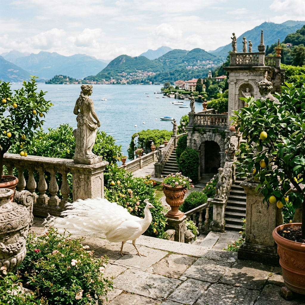 White peacock roaming freely among the baroque statues and lemon trees on the upper terraces of Isola Bella's gardens