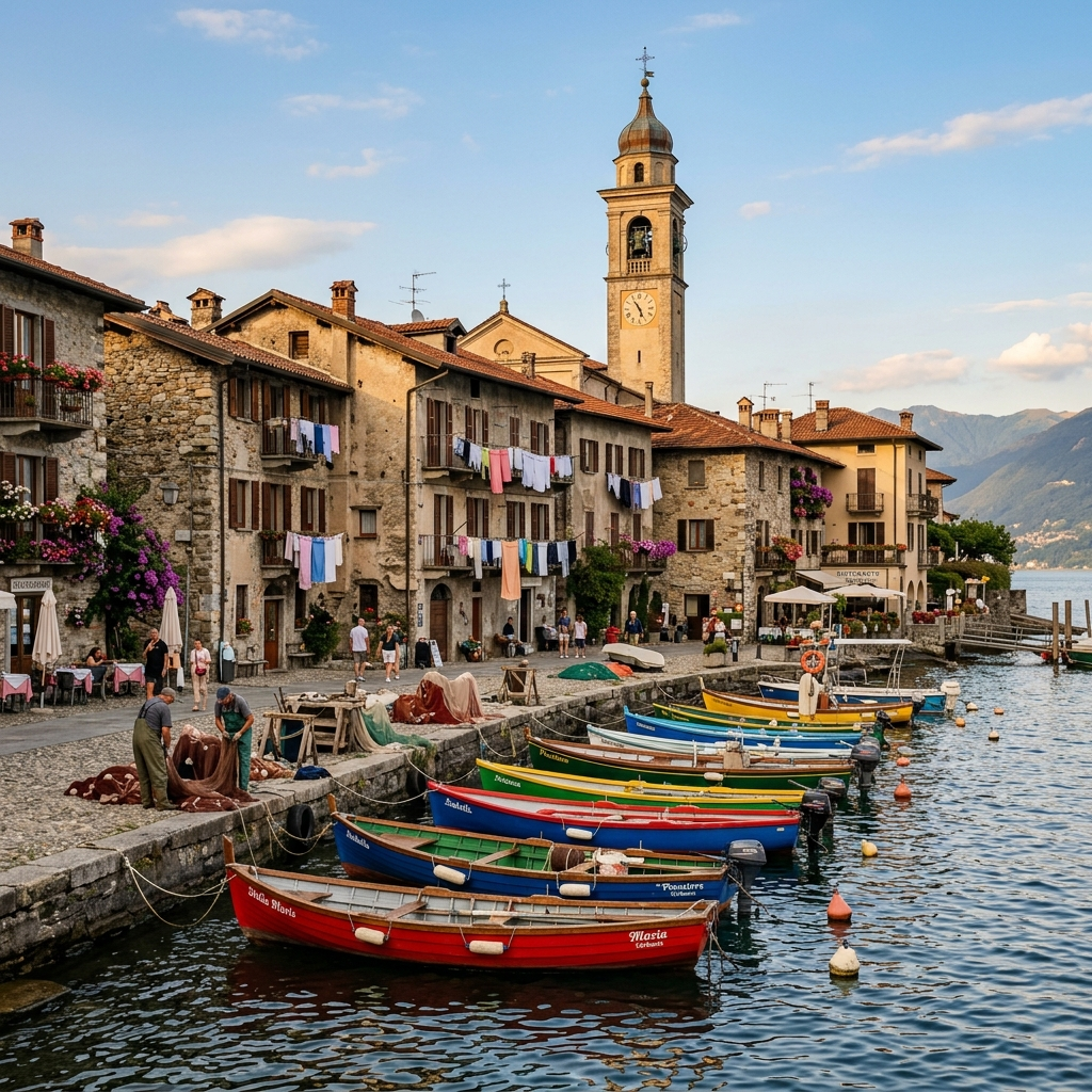 Colorful fishing boats moored along the narrow waterfront of Isola dei Pescatori with stone buildings and the church tower behind