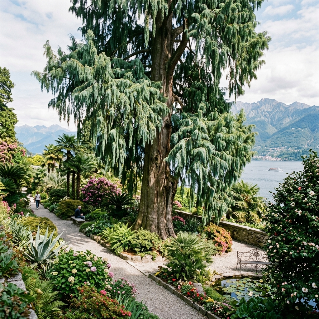 The famous Kashmir cypress of Isola Madre rising tall above tropical plants and flower beds in the botanical garden on Lake Maggiore