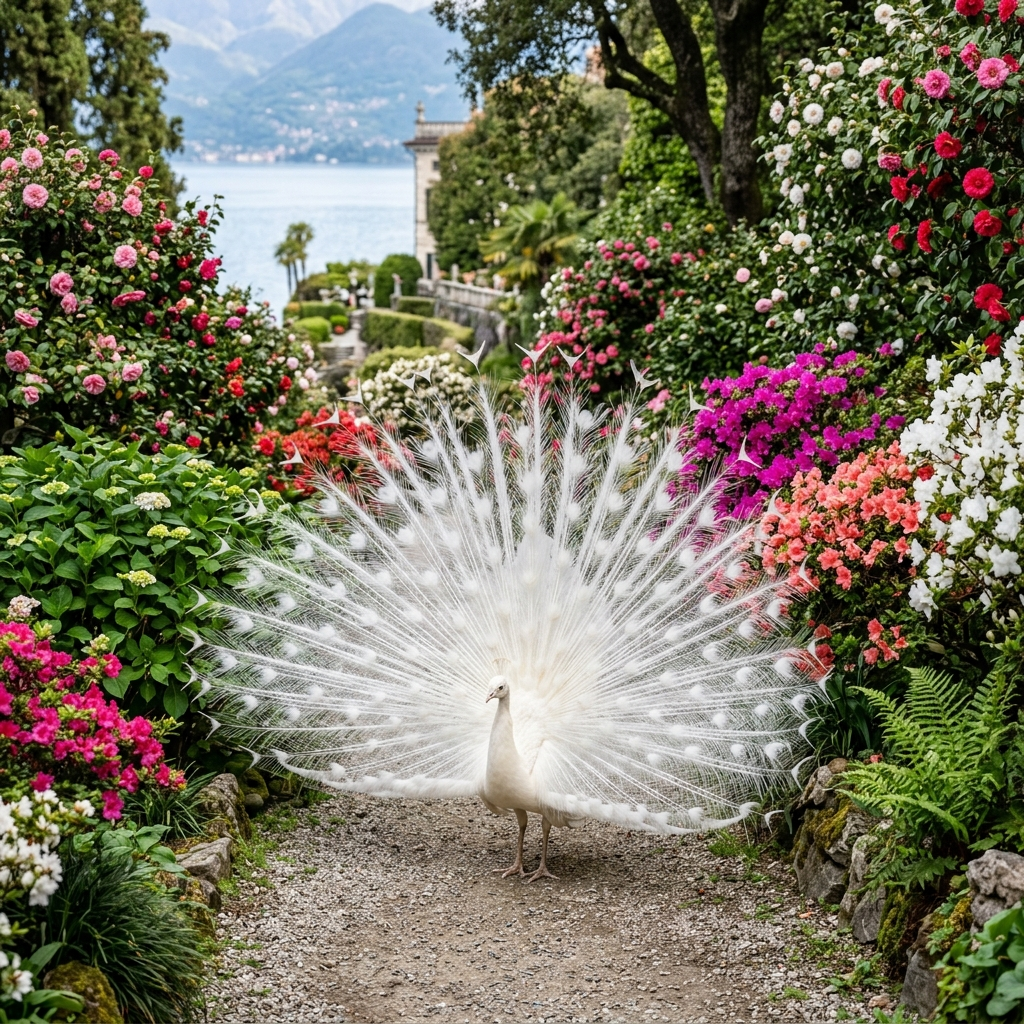 White peacock with full tail displayed among the exotic plants and camellias of Isola Madre's botanical garden