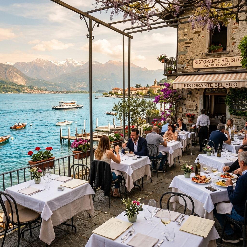 Lakeside restaurant terrace on Isola dei Pescatori with outdoor tables set for lunch overlooking Lake Maggiore