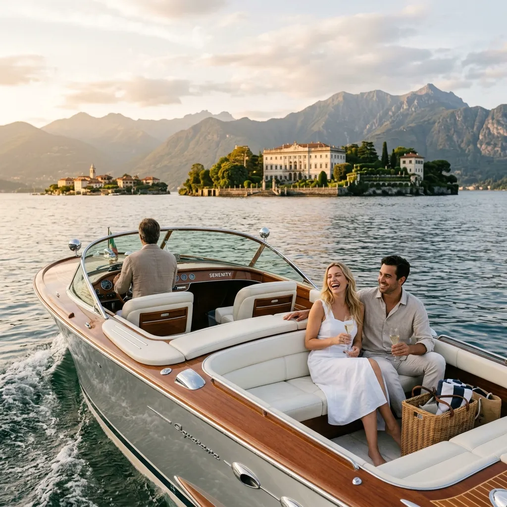 Private motorboat cruising on the calm waters of Lake Maggiore with the Italian Alps reflected in the surface