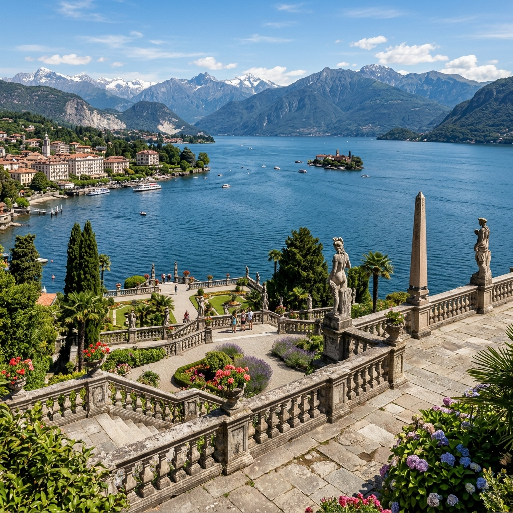 Panoramic view of Lake Maggiore and the Alpine peaks from the top terrace of Isola Bella's gardens