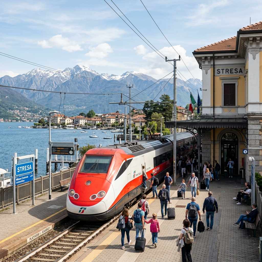 Trenitalia train arriving at Stresa railway station on Lake Maggiore, the main transport link from Milan to the Borromean Islands