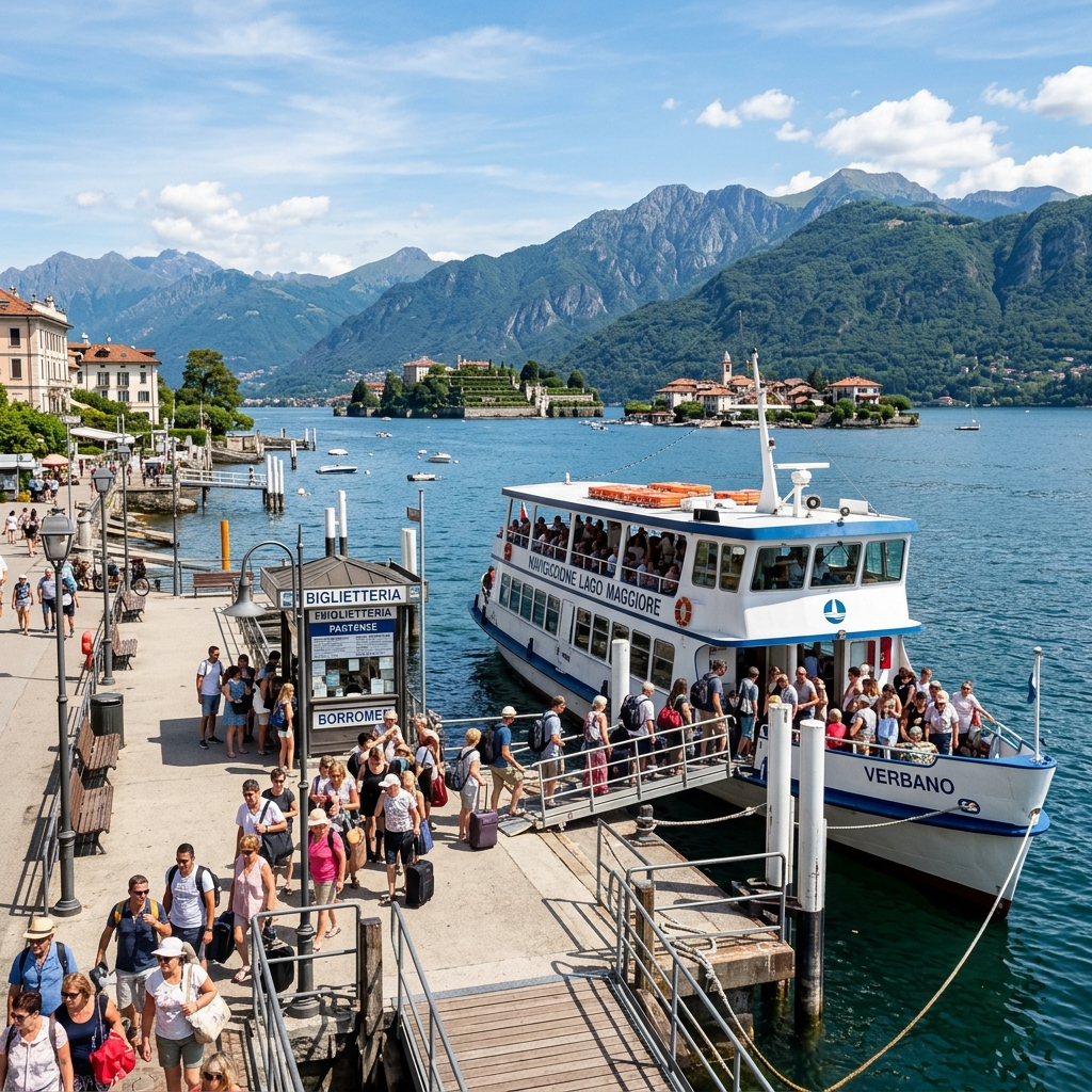 Navigazione Lago Maggiore public ferries moored at Stresa's Piazza Marconi waterfront pier with the Borromean Islands visible in the lake